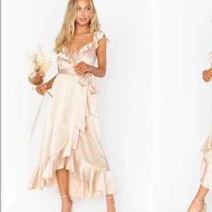 NWOT Samantha Ruffle Dress in Champagne Luxe Satin